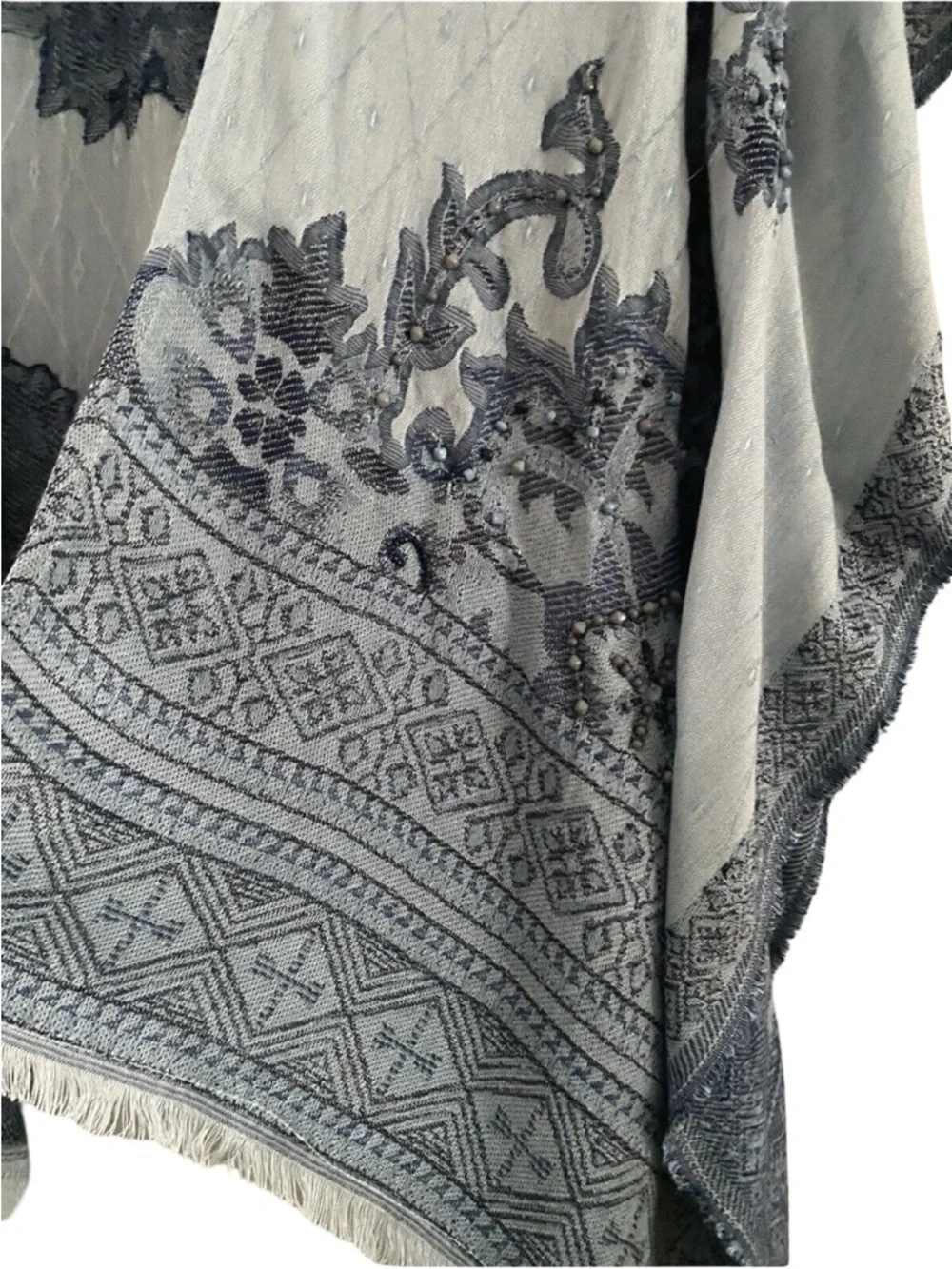 NWT Chico's Indigo Jacquard Ruana Beaded Open Poncho or Cover Up. OS